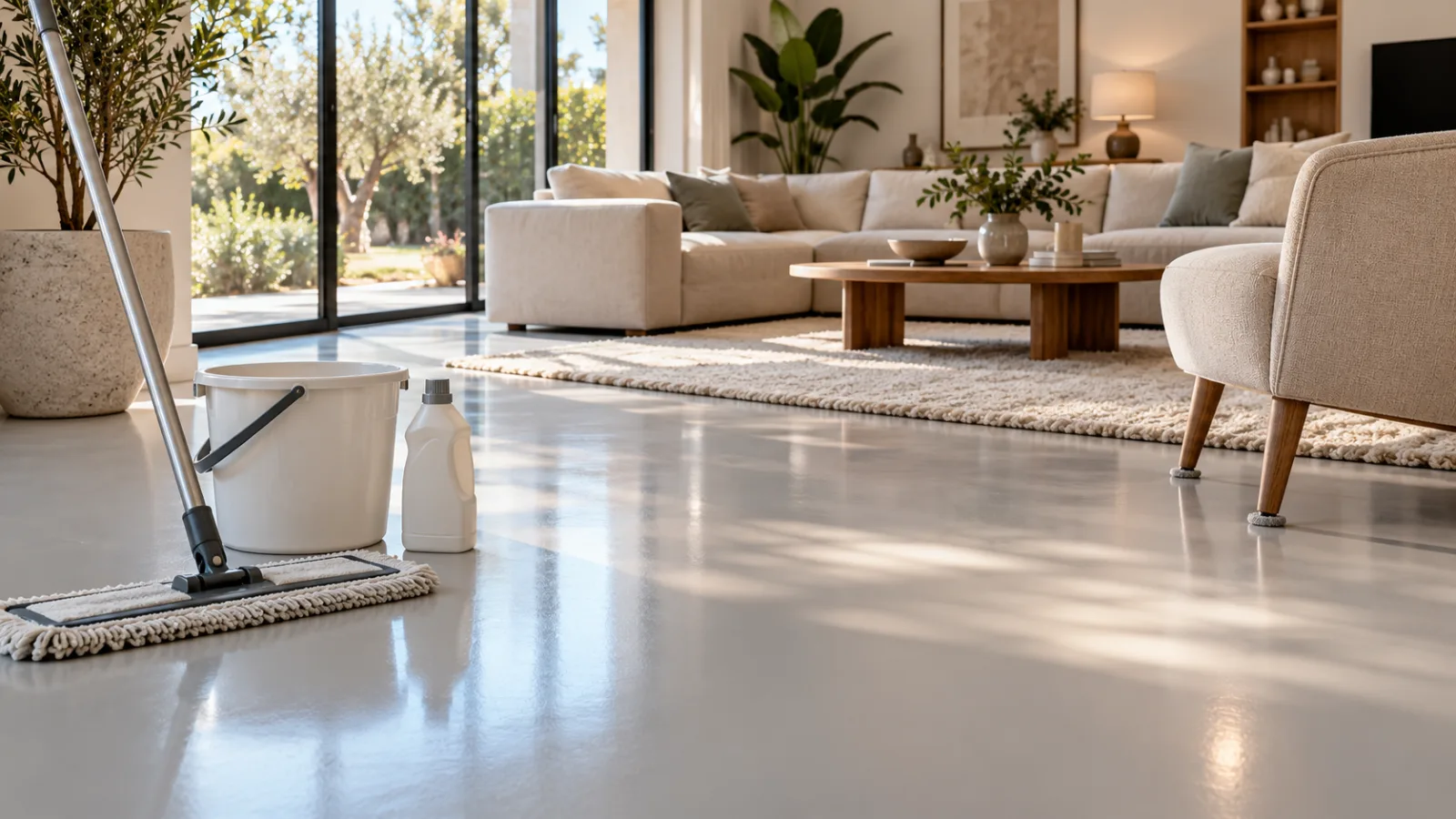 Entretien d'un sol en résine époxy gris clair avec une serpillière microfibre dans un salon