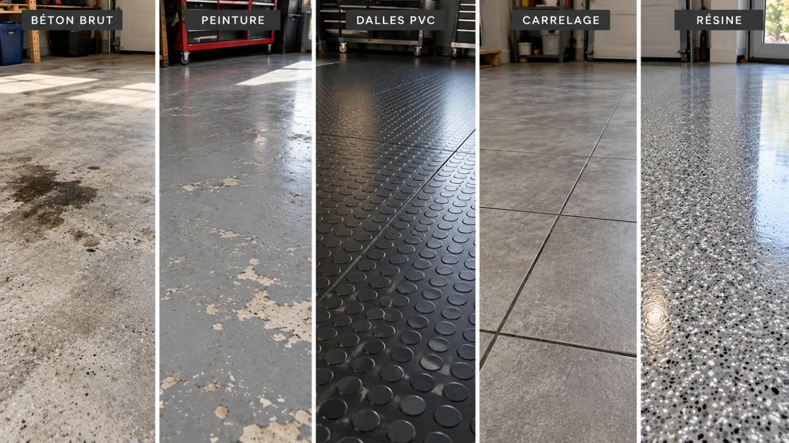 Comparaison de cinq revêtements de sol de garage : béton brut, peinture, dalles PVC, carrelage et résine époxy